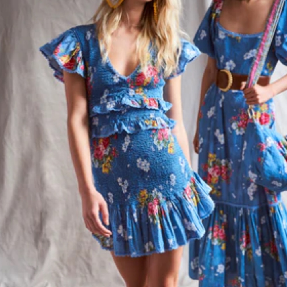 Love Shack Fancy blue floral mini dress.